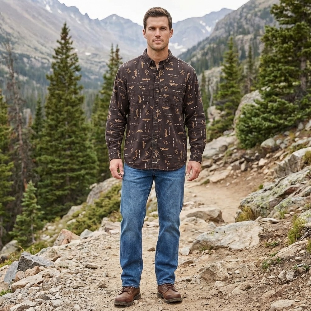 Duluth Trading Co Flannel Shirt Mens XL Brown Fishing Canoe Print Gorpcore